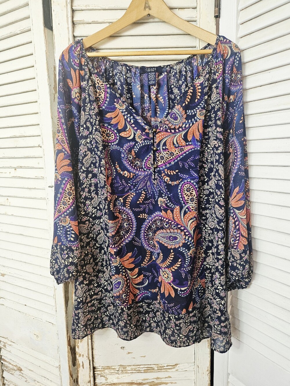 Chaps Semi Sheer Paisley Print Gathered Sleeve Flowy Peasant Style Blouse XL
